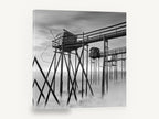 Stilted Fishing Huts, misty fishing huts black and white, coastal canvas wall art print ready to hang