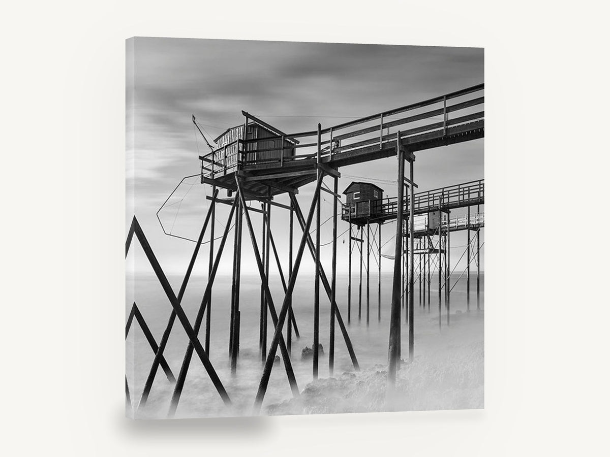 Stilted Fishing Huts, misty fishing huts black and white, coastal canvas wall art print ready to hang