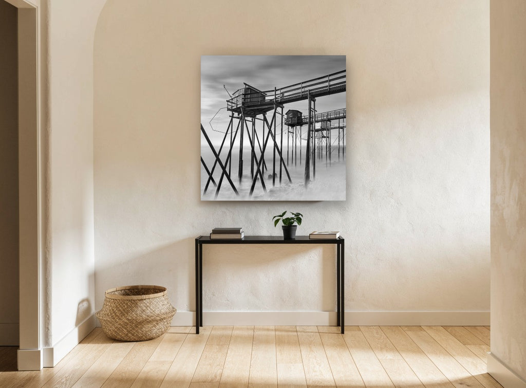 Stilted Fishing Huts coastal canvas print on the wall of a hallway