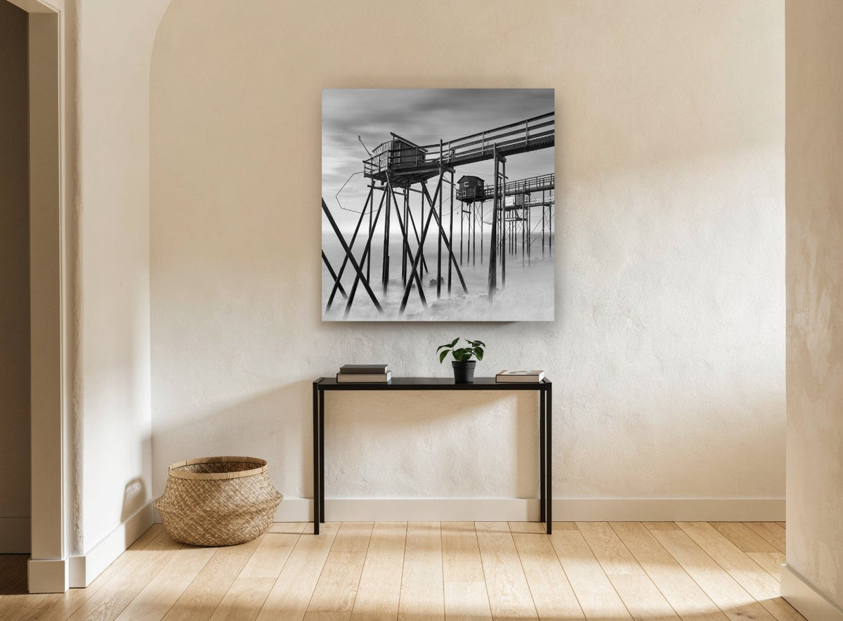 Stilted Fishing Huts coastal canvas print on the wall of a hallway