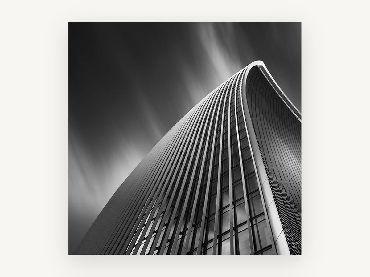 Curved Tower Streaks, london skyscraper black and white photograph, city canvas wall art print, front view