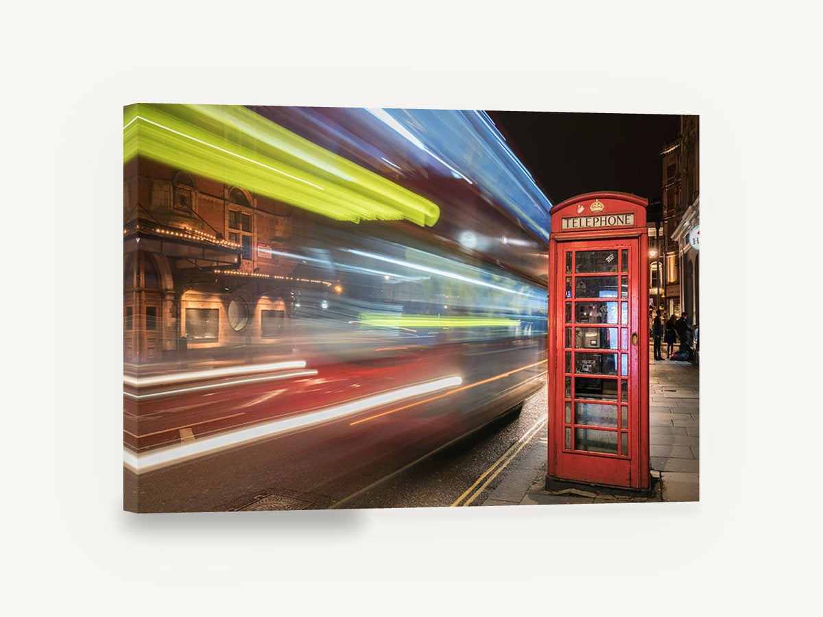 Red Box Night Blur, london red telephone box night photograph, city canvas wall art print ready to hang