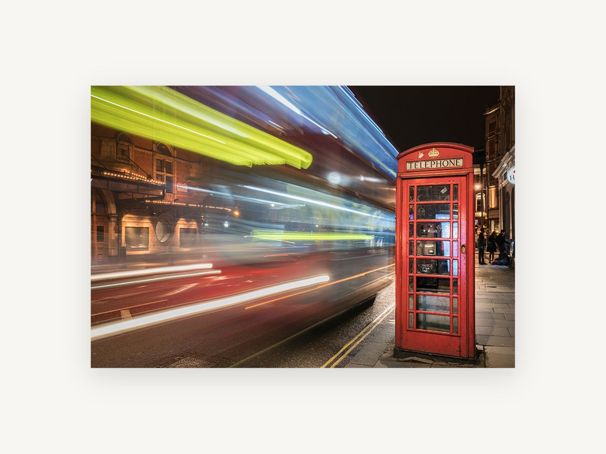 Red Box Night Blur, london red telephone box night photograph, city canvas wall art print, front view