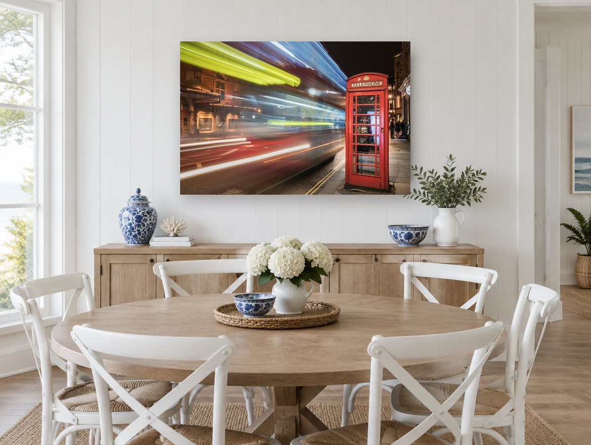 Red Box Night Blur city canvas print on the wall of a Hamptons dining room
