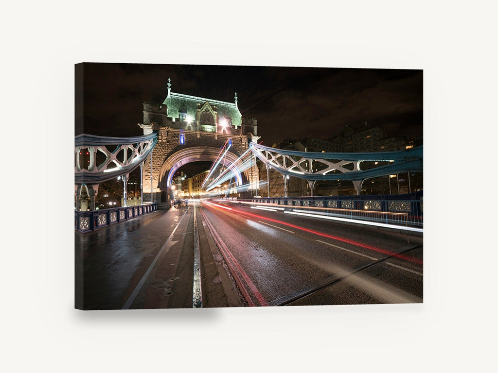 Tower Bridge Light Trails, tower bridge night light trails photograph, city canvas wall art print ready to hang