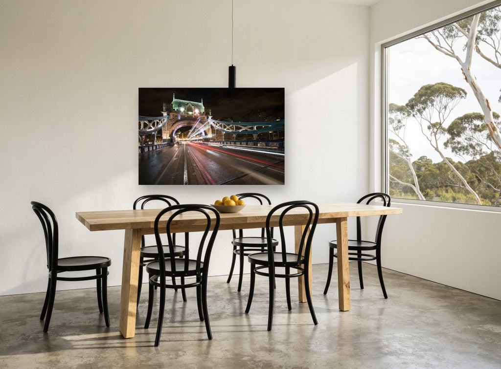 Tower Bridge Light Trails city canvas print on the wall of a dining room