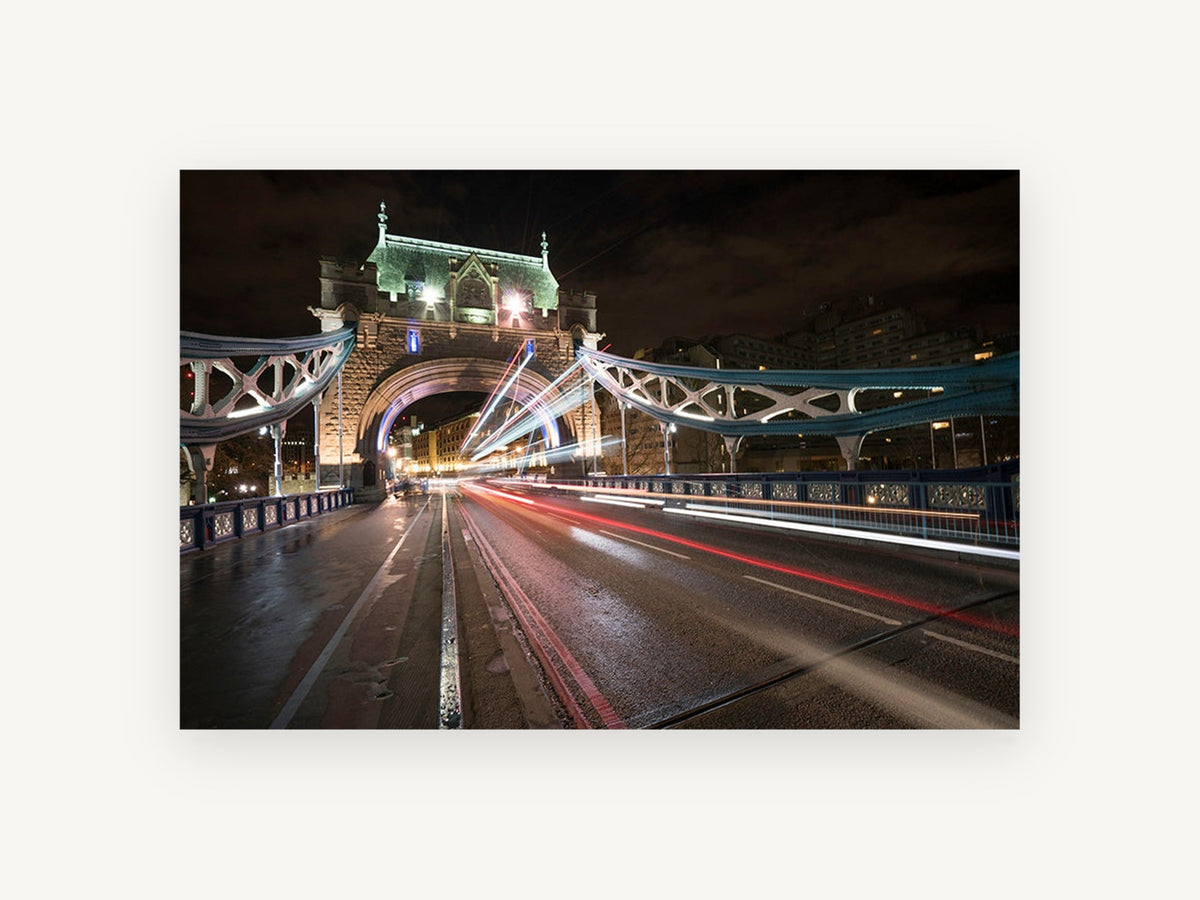Tower Bridge Light Trails, tower bridge night light trails photograph, city canvas wall art print, front view