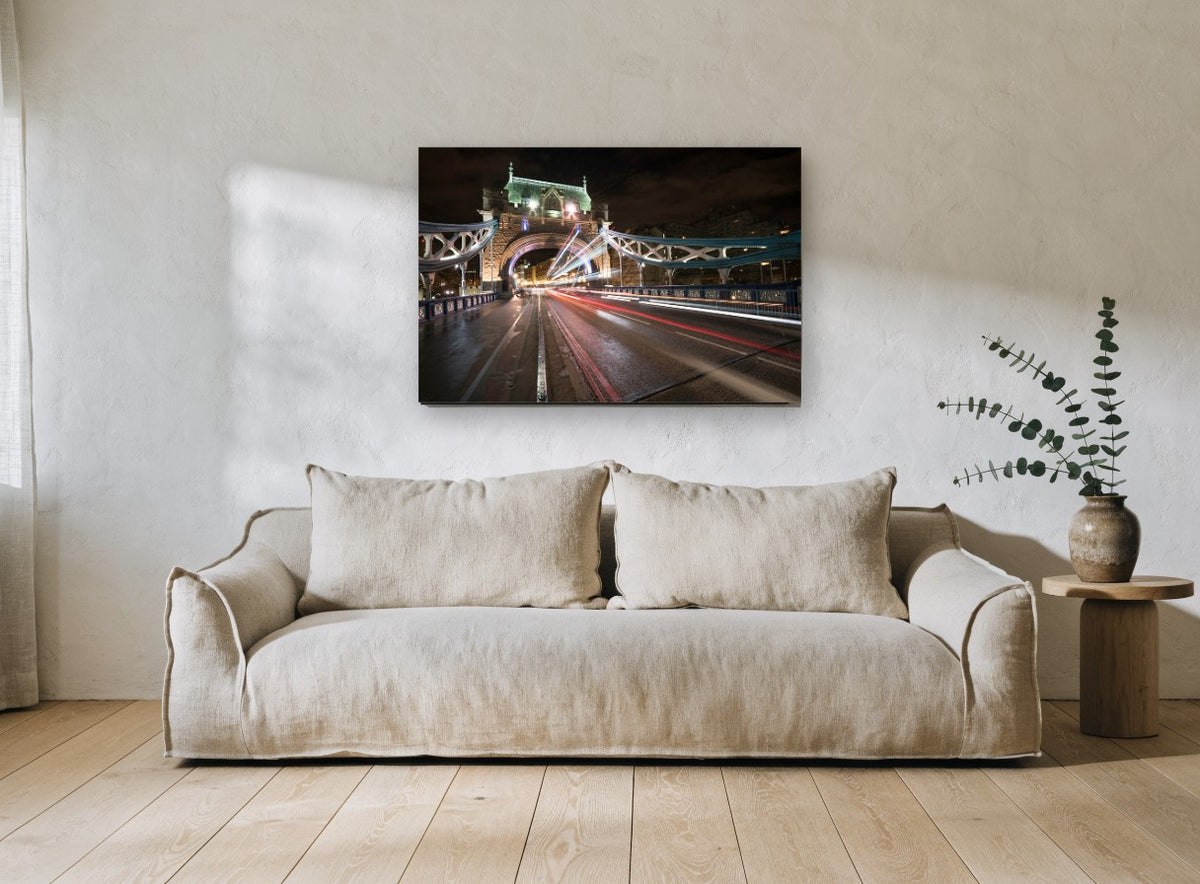 Tower Bridge Light Trails city canvas print on the wall of a living room