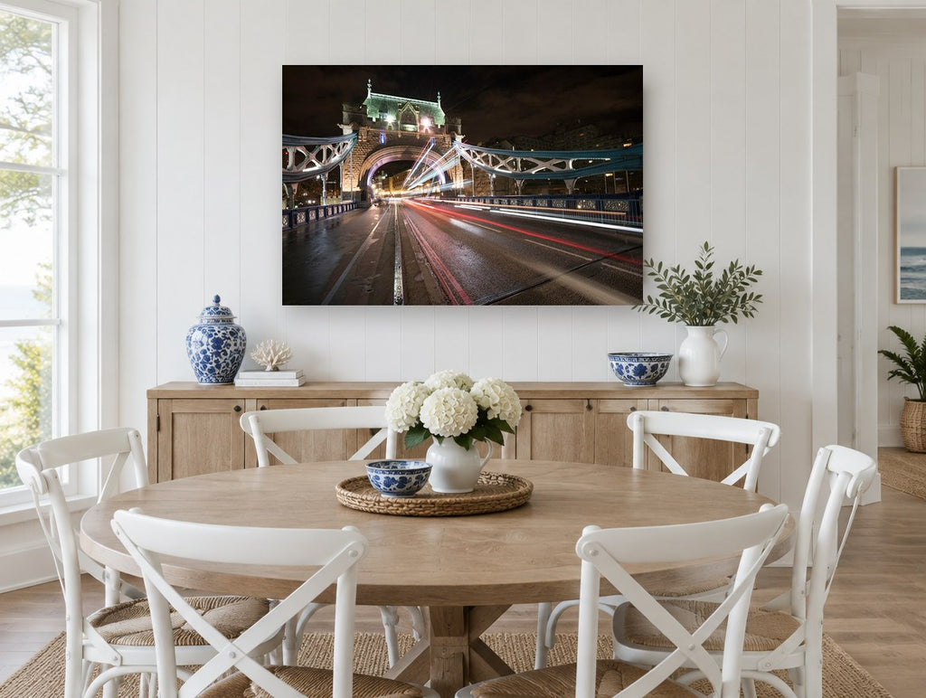 Tower Bridge Light Trails city canvas print on the wall of a Hamptons dining room