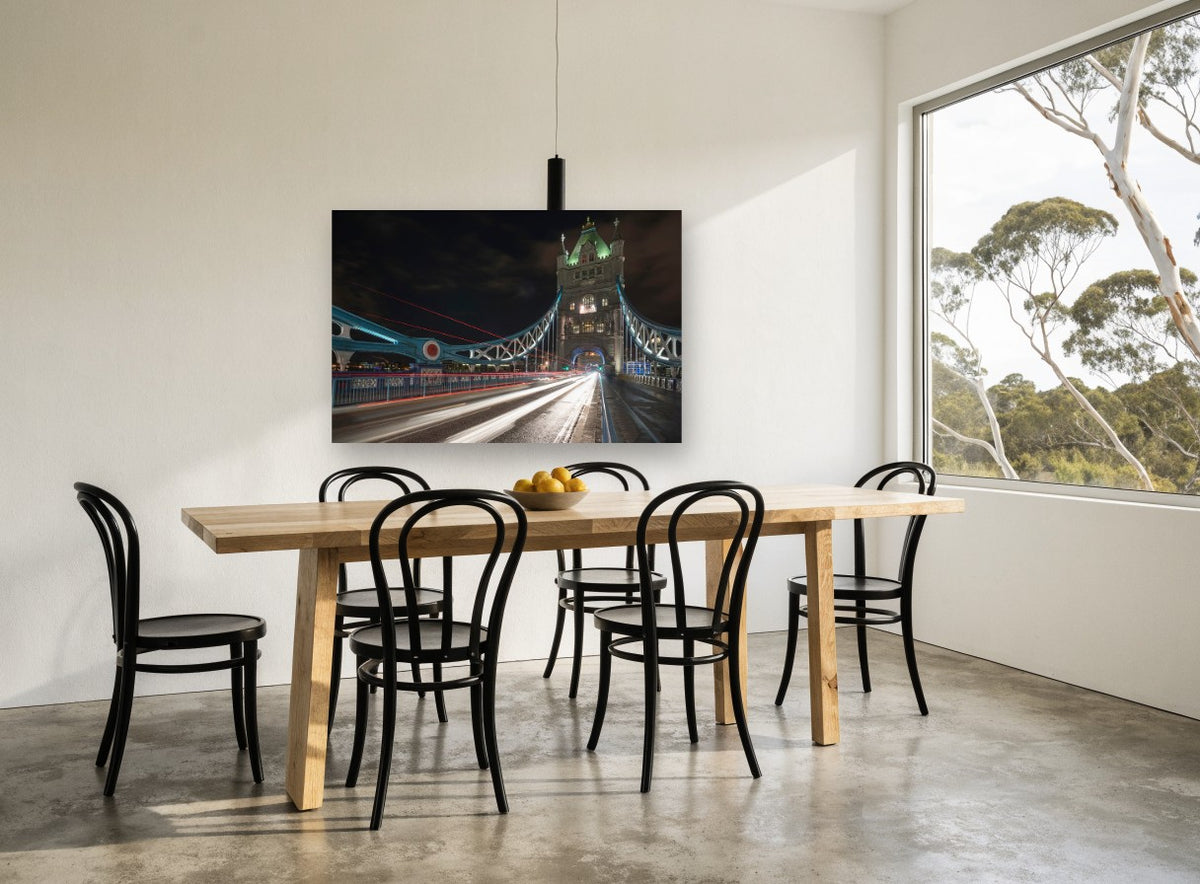 Tower Bridge Light Trails city canvas print on the wall of a dining room