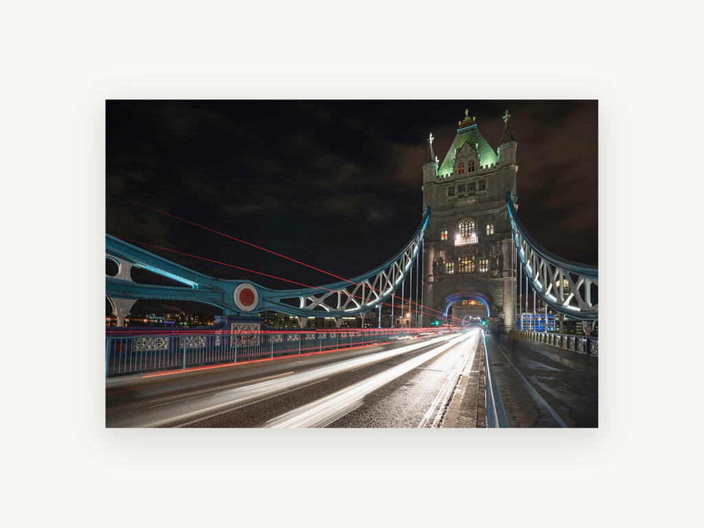 Tower Bridge Light Trails, tower bridge at night long exposure photograph, city canvas wall art print, front view