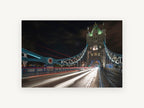 Tower Bridge Light Trails, tower bridge at night long exposure photograph, city canvas wall art print, front view