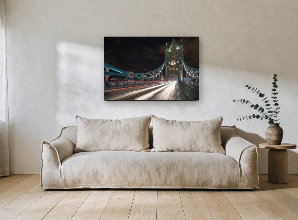 Tower Bridge Light Trails city canvas print on the wall of a living room