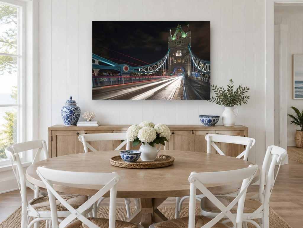 Tower Bridge Light Trails city canvas print on the wall of a Hamptons dining room