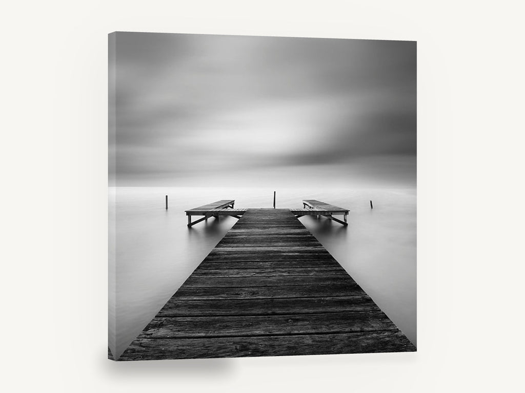 Still Water Jetty, wooden jetty black and white photograph, coastal canvas wall art print ready to hang
