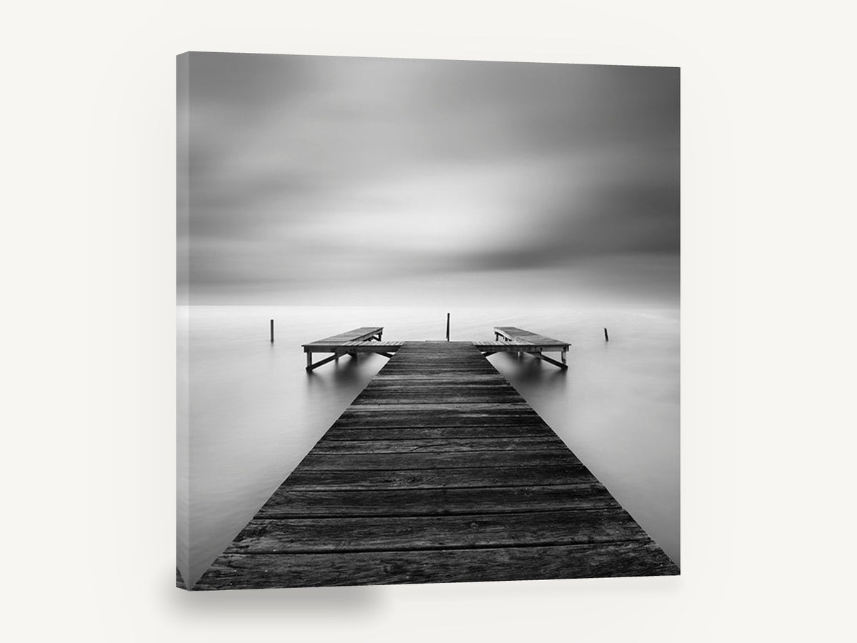 Still Water Jetty, wooden jetty black and white photograph, coastal canvas wall art print ready to hang