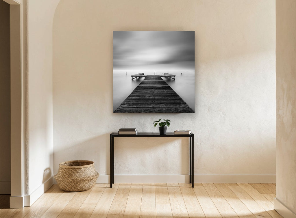 Still Water Jetty coastal canvas print on the wall of a hallway