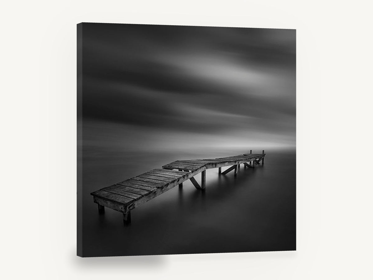Crooked Jetty Calm, weathered jetty black and white long exposure, coastal canvas wall art print ready to hang