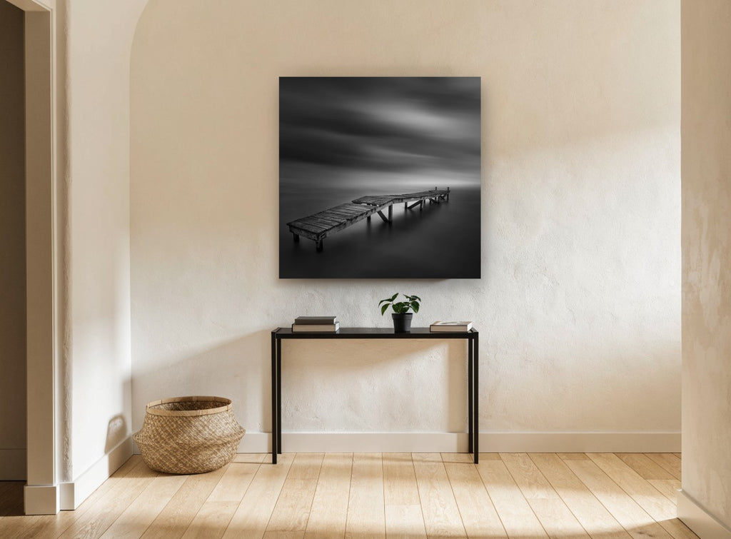 Crooked Jetty Calm coastal canvas print on the wall of a hallway