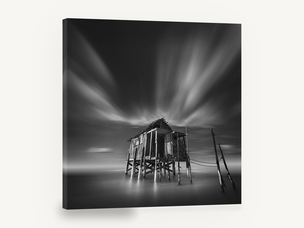 Stilted Shack Stillness, stilt shack long exposure black and white, coastal canvas wall art print ready to hang