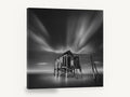 Stilted Shack Stillness, stilt shack long exposure black and white, coastal canvas wall art print ready to hang