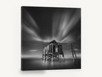 Stilted Shack Stillness, stilt shack long exposure black and white, coastal canvas wall art print ready to hang