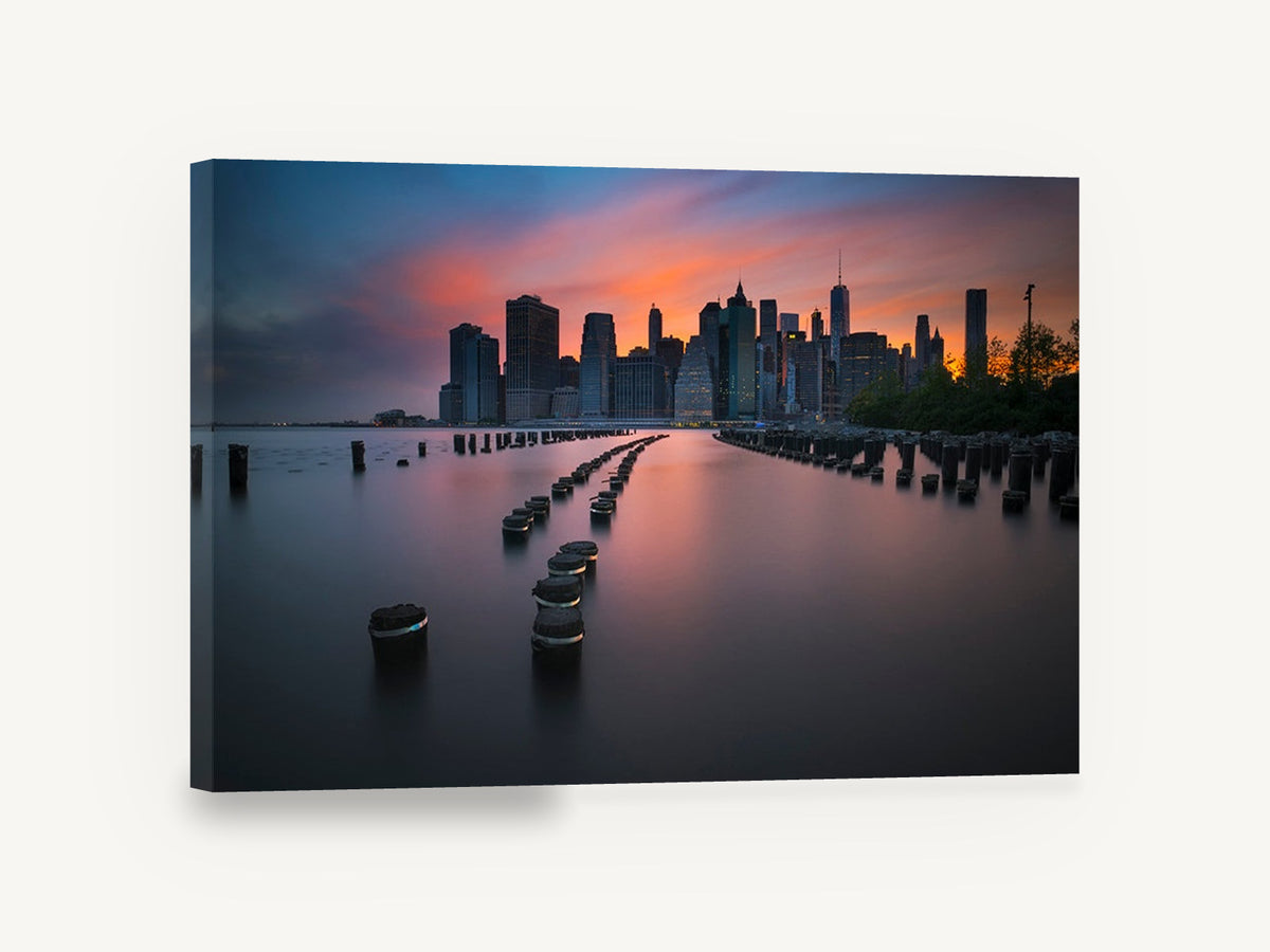 Pilings at Manhattan Dusk, manhattan skyline sunset over pilings, city canvas wall art print ready to hang