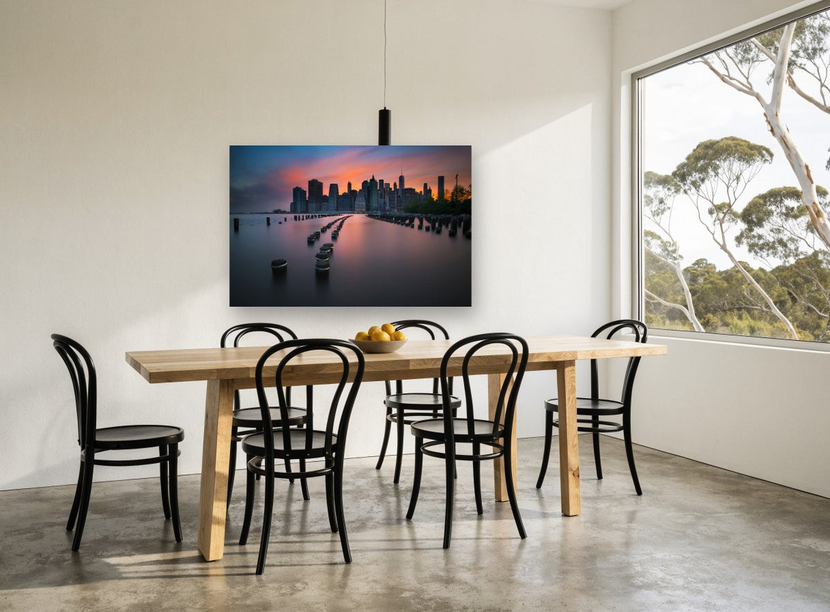 Pilings at Manhattan Dusk city canvas print on the wall of a dining room