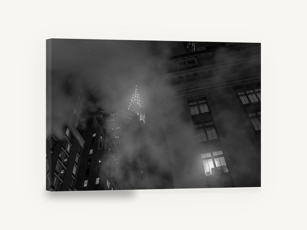 Chrysler Through the Mist, chrysler building misty night black and white photograph, city canvas wall art print ready to hang