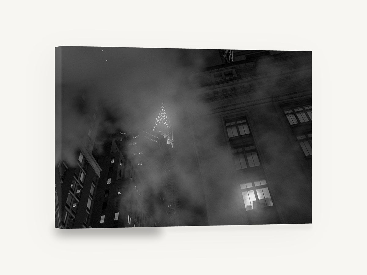 Chrysler Through the Mist, chrysler building misty night black and white photograph, city canvas wall art print ready to hang