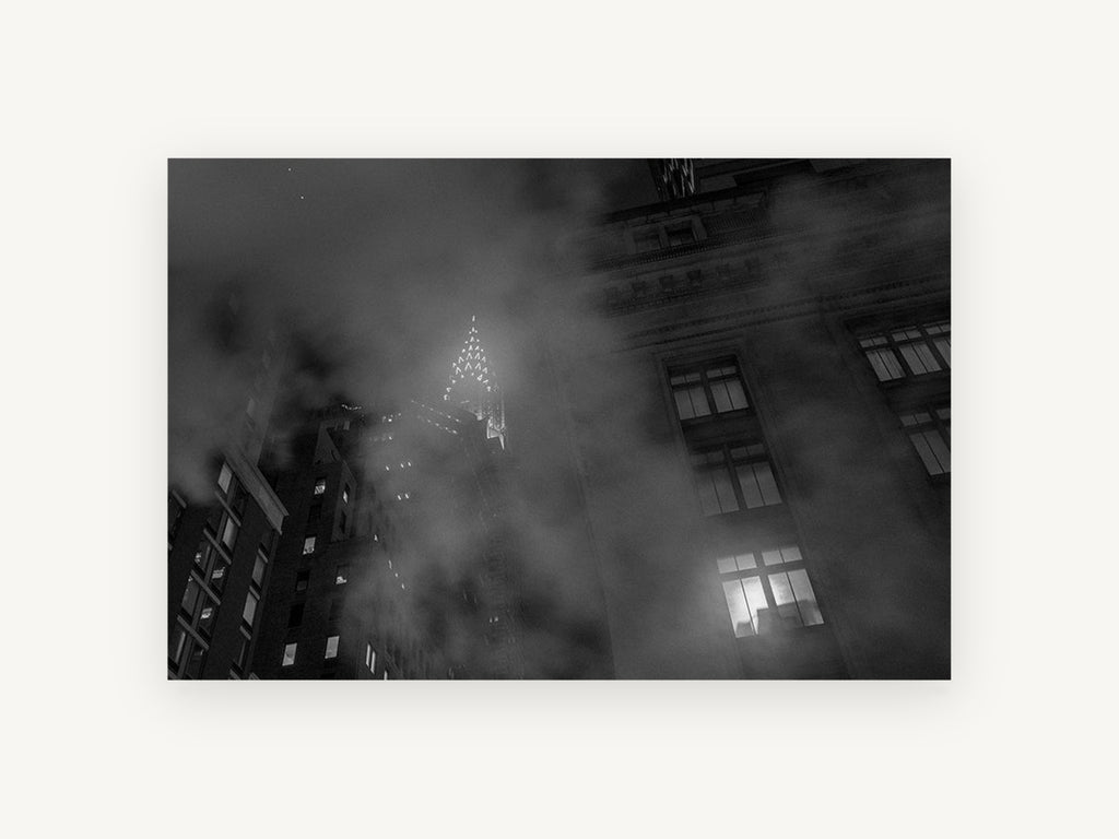 Chrysler Through the Mist, chrysler building misty night black and white photograph, city canvas wall art print, front view