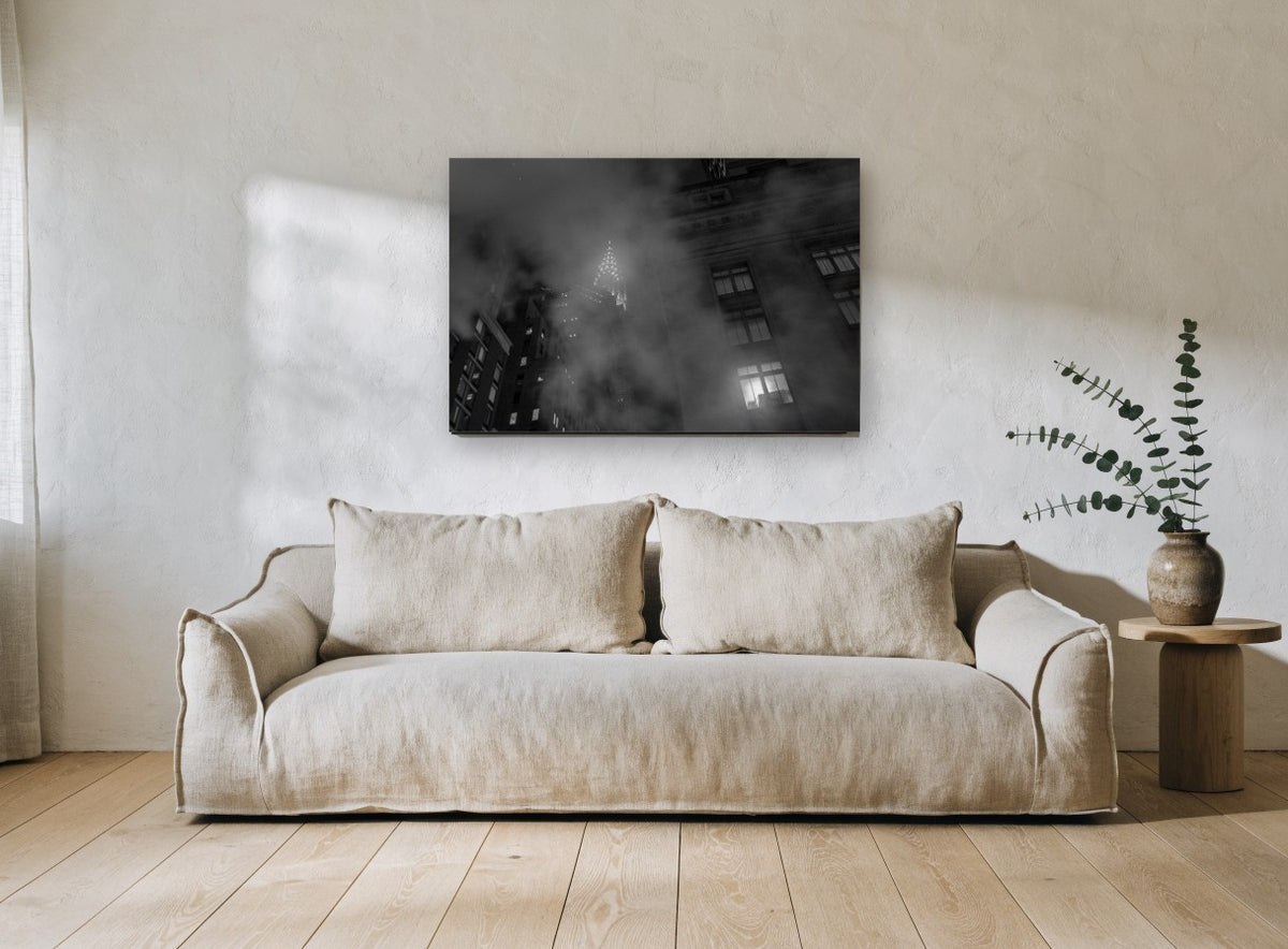 Chrysler Through the Mist city canvas print on the wall of a living room