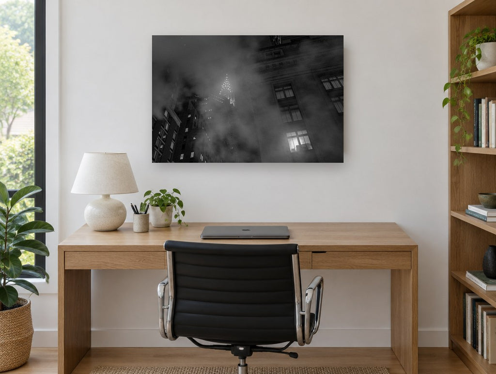 Chrysler Through the Mist city canvas print on the wall of a study