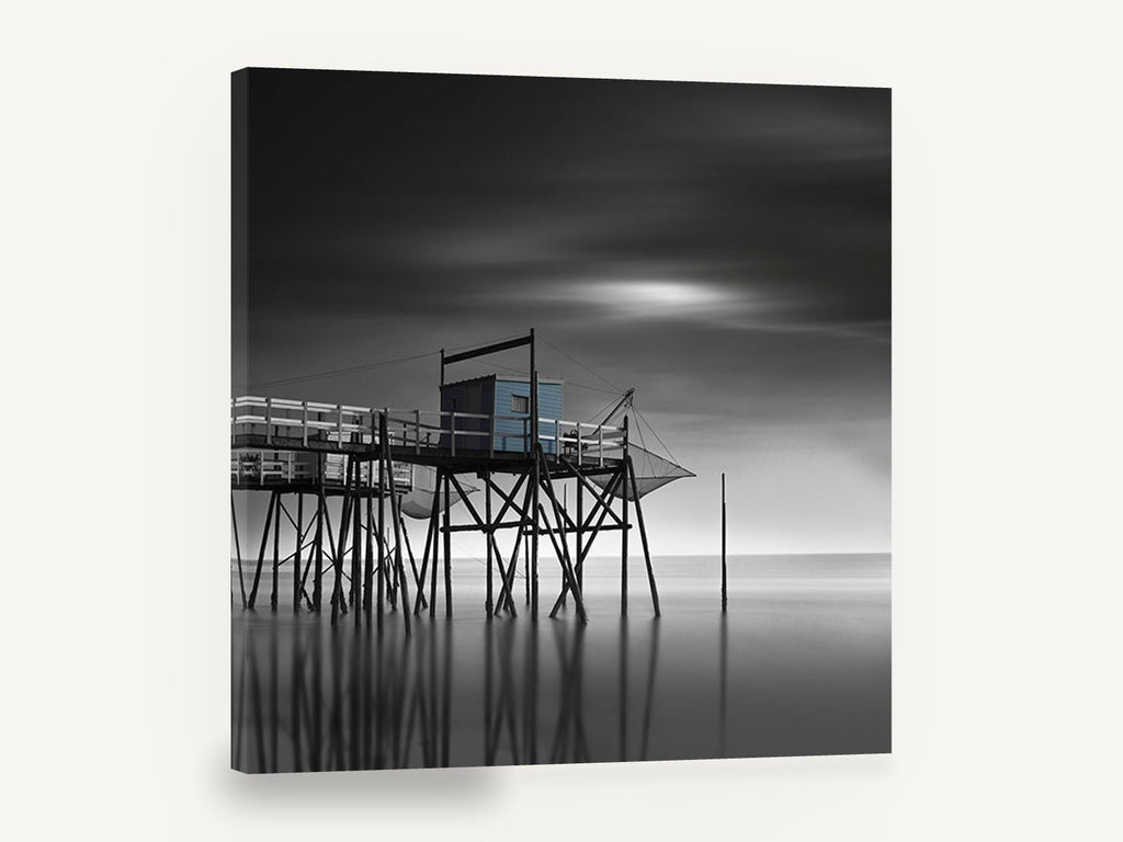 Blue Fishing Hut Stilts, stilt fishing hut black and white photograph, coastal canvas wall art print ready to hang