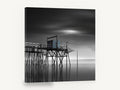 Blue Fishing Hut Stilts, stilt fishing hut black and white photograph, coastal canvas wall art print ready to hang