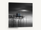 Blue Fishing Hut Stilts, stilt fishing hut black and white photograph, coastal canvas wall art print ready to hang