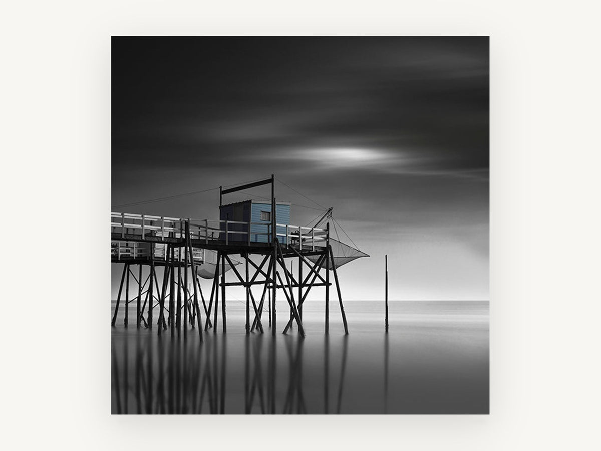 Blue Fishing Hut Stilts, coastal canvas wall art print, front view