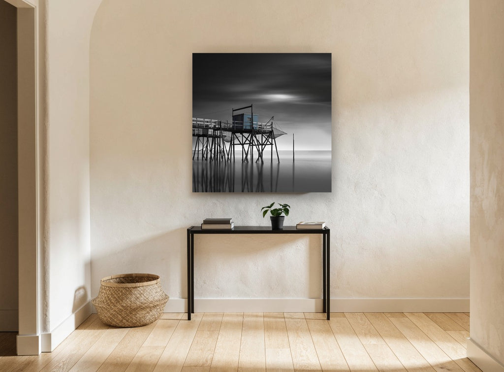 Blue Fishing Hut Stilts coastal canvas print on the wall of a hallway