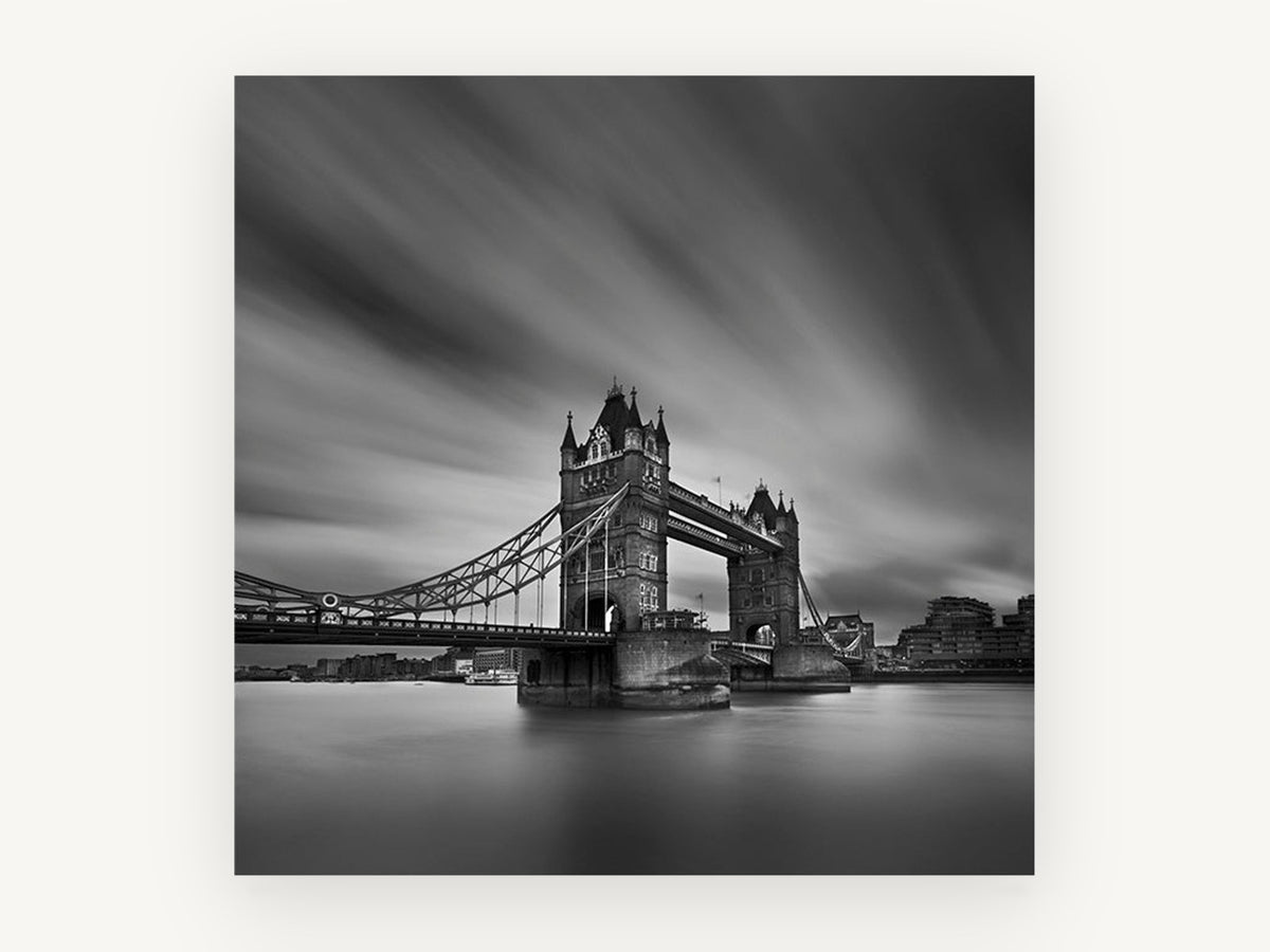 Tower Bridge Long Exposure, tower bridge london black and white photograph, city canvas wall art print, front view