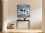 Still Water Palms coastal canvas print on the wall of a hallway