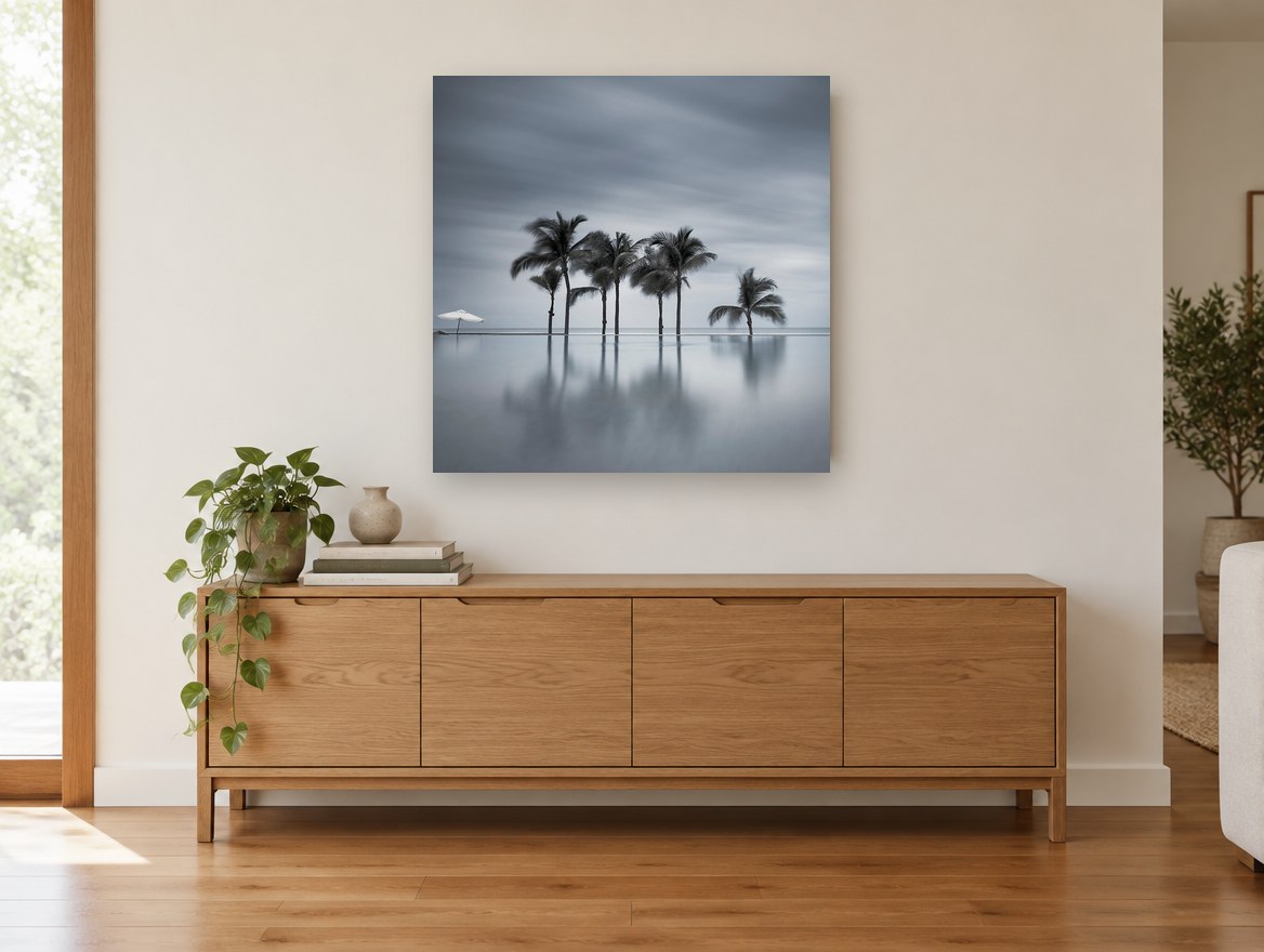 Still Water Palms coastal canvas print on the wall of a living room above a sideboard