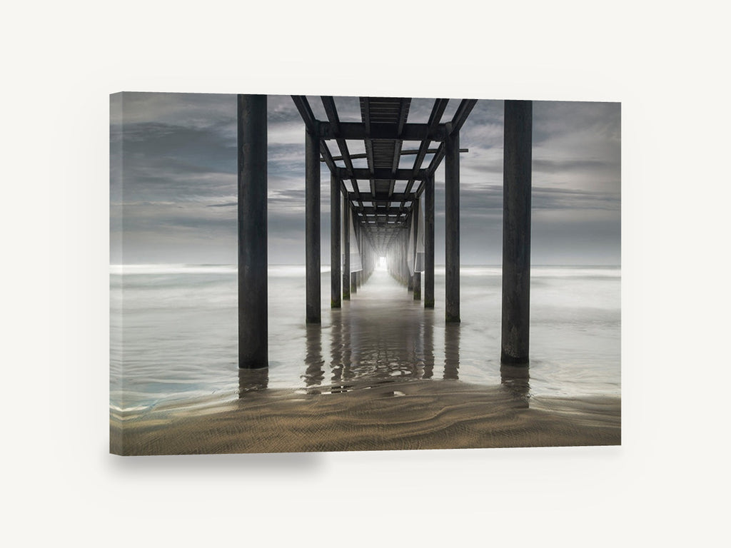 Pier Tunnel at Dusk, under the pier seascape photograph, coastal canvas wall art print ready to hang