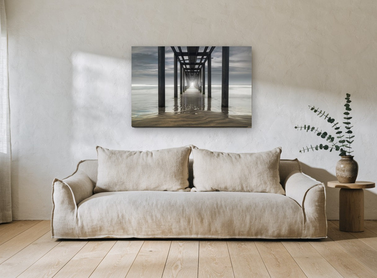 Pier Tunnel at Dusk coastal canvas print on the wall of a living room