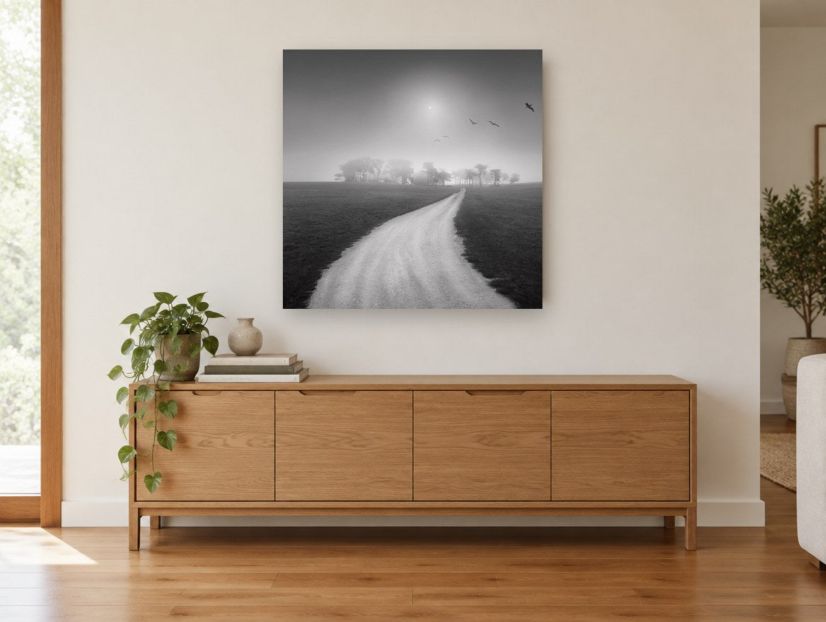Foggy Path to Cypress landscape canvas print on the wall of a living room above a sideboard