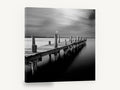 Silent Jetty Dusk, weathered jetty black and white photograph, coastal canvas wall art print ready to hang