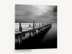 Silent Jetty Dusk, weathered jetty black and white photograph, coastal canvas wall art print ready to hang