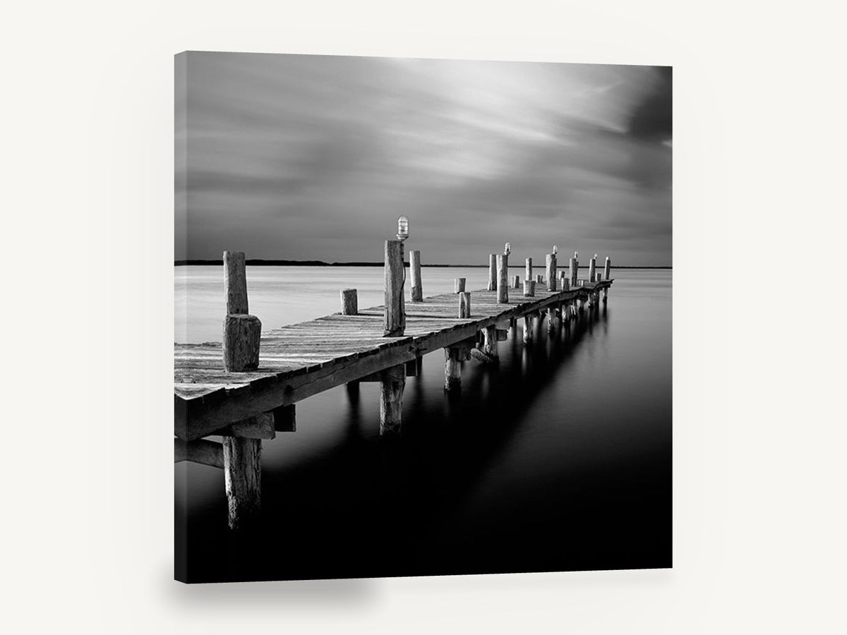 Silent Jetty Dusk, weathered jetty black and white photograph, coastal canvas wall art print ready to hang