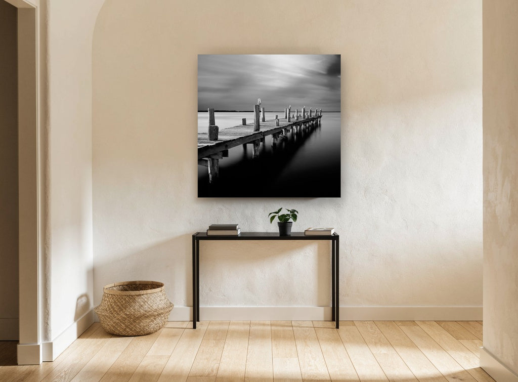Silent Jetty Dusk coastal canvas print on the wall of a hallway