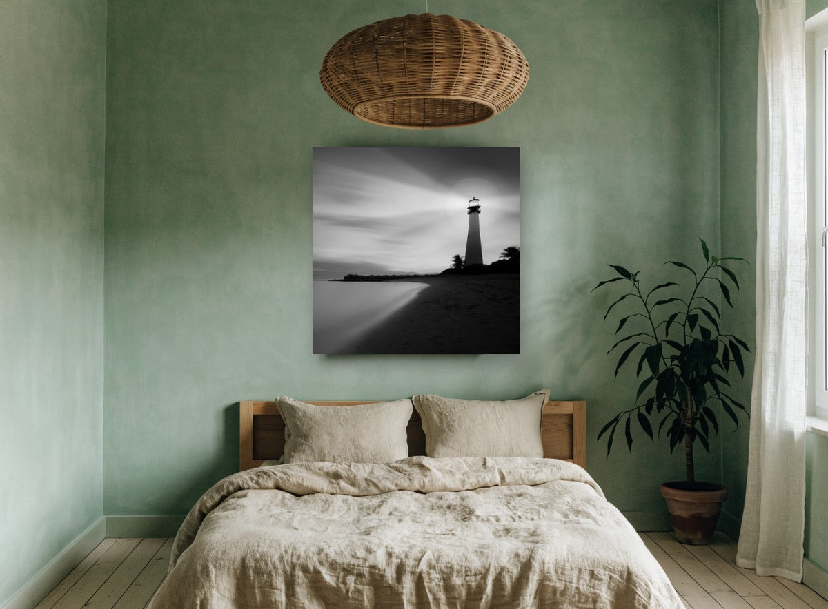 Beacon on the Shore coastal canvas print on the wall of a bedroom