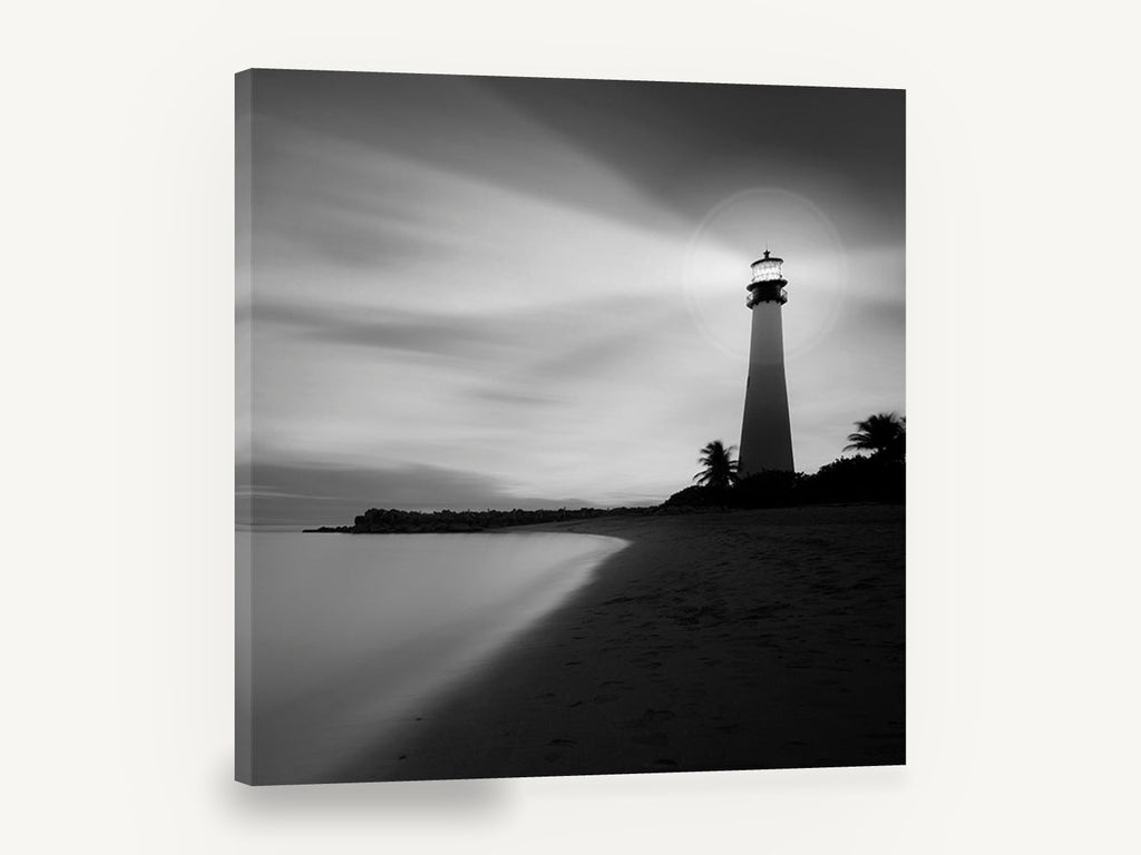 Beacon on the Shore, black and white lighthouse beach photograph, coastal canvas wall art print ready to hang
